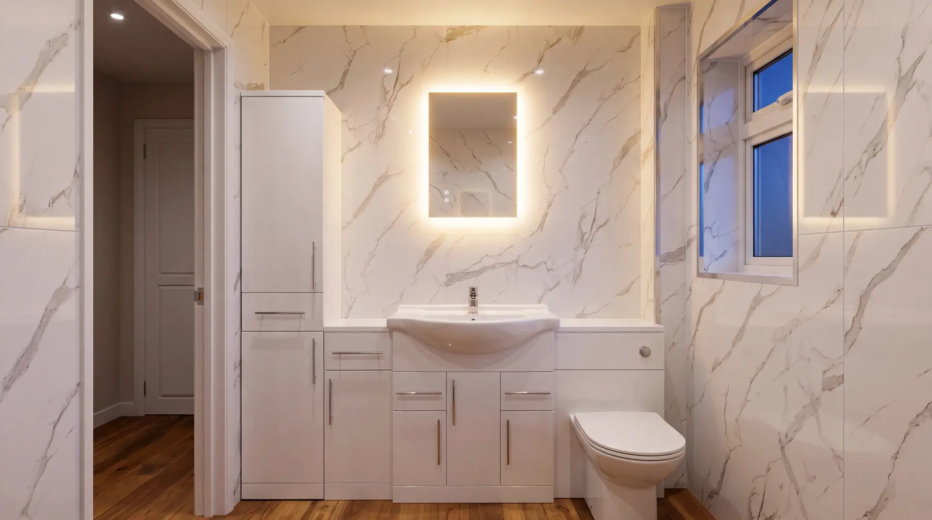 Finished en-suite with marble effect wall panels, white units and an LED mirror