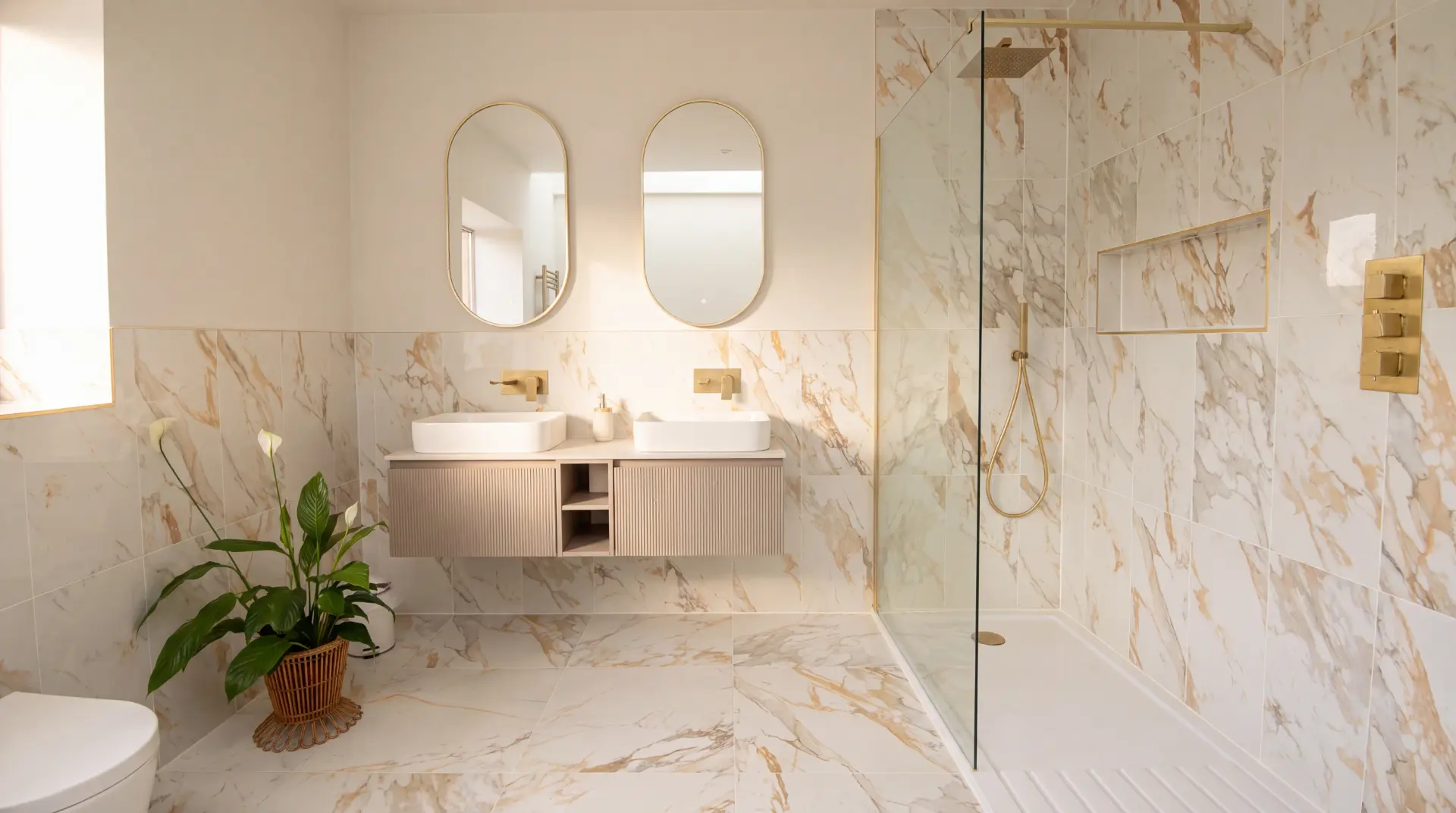 Marble effect bathroom with twin basins, brushed brass fittings and a walk in shower