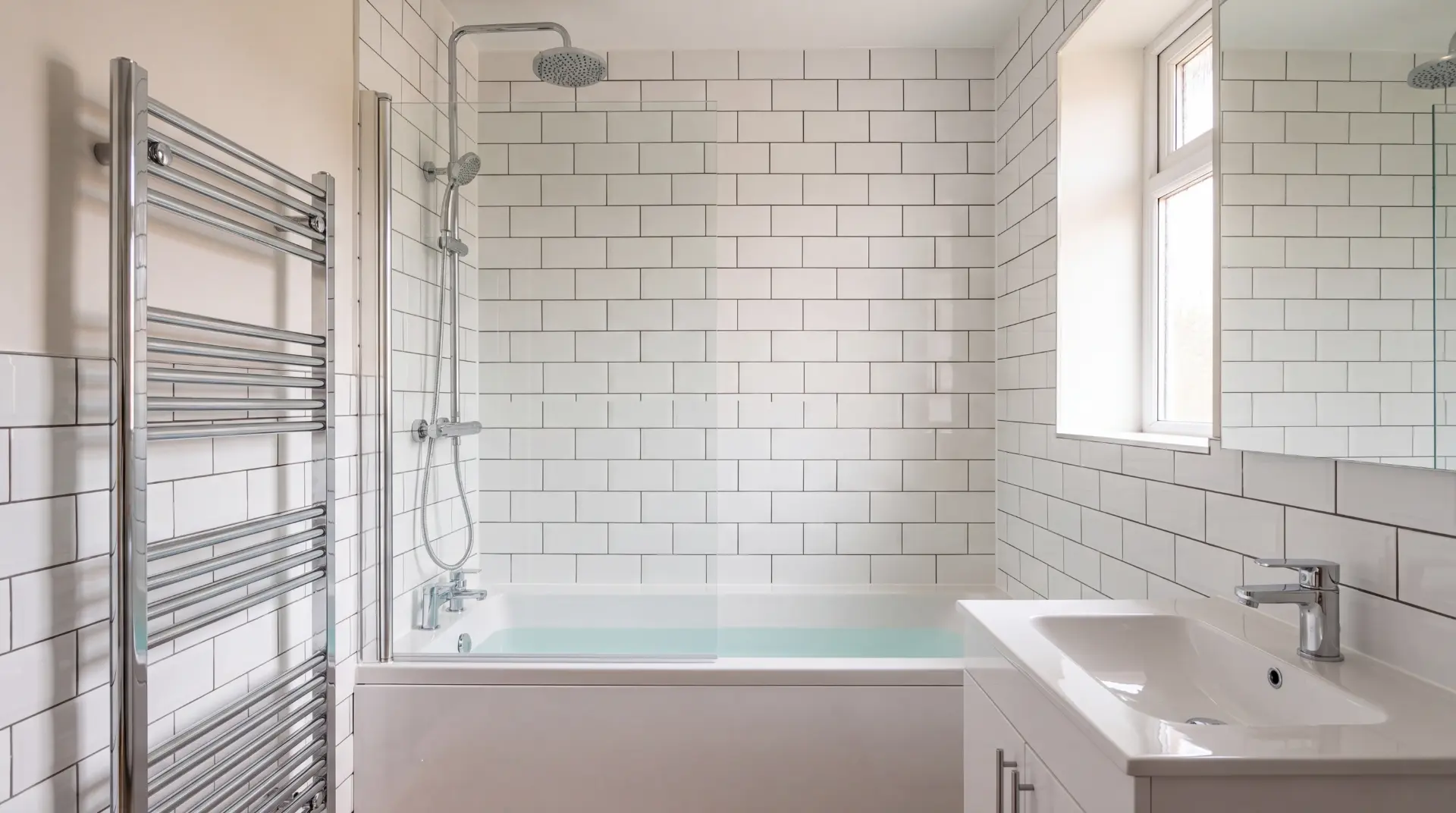 White metro tiled bathroom with a bath, shower screen, vanity unit and chrome towel rail